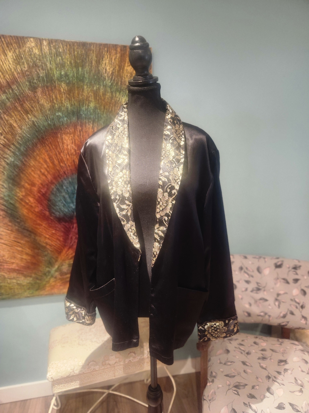 Vintage Editions Black Satin Jacket with Gold Lace Trim